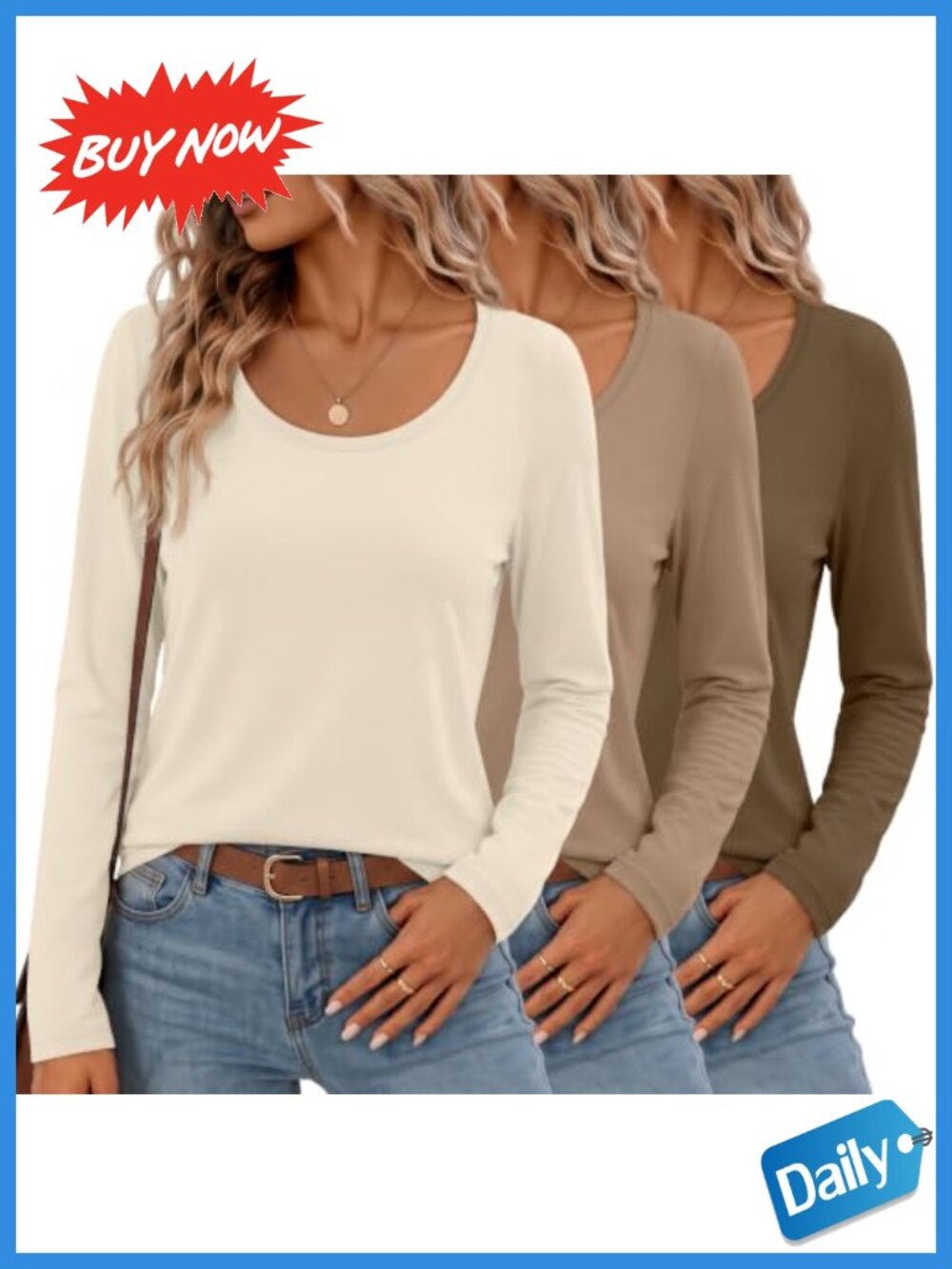 3 Pack Womens Long Sleeve Crew Neck Loose Fit T Shirts Casual Basic Tees